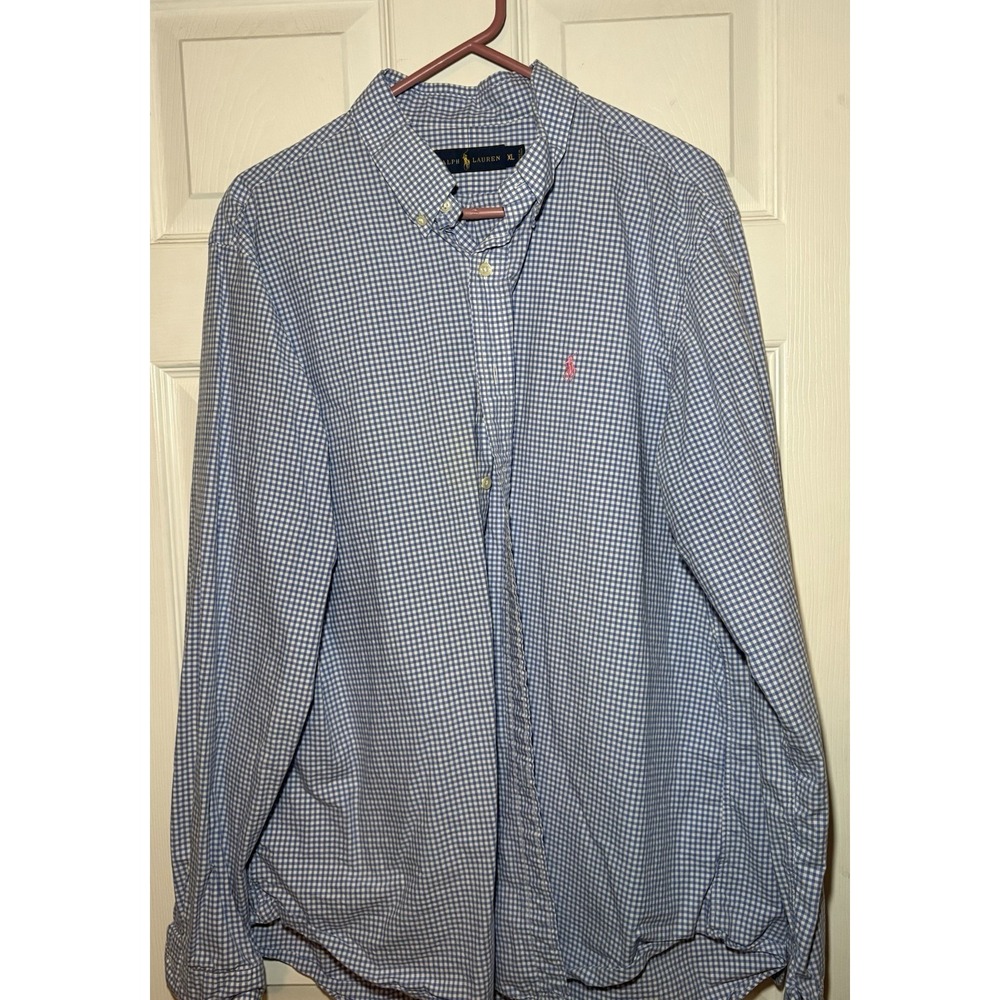 Ralph Lauren Oxford Shirt Men XL Blue Check Button Up Gingham Dress Flesh